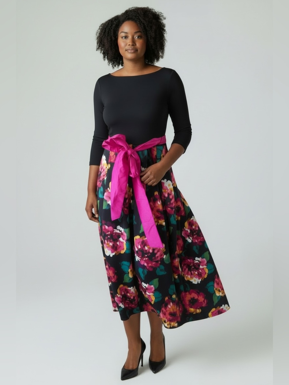 Eliza J Floral Midi Tea-Length Dress with Pink Satin Sash Bow - Size 10